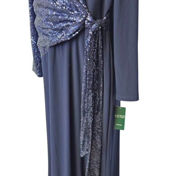 Lauren Ralph Lauren Womens Long Sleeve Sequin, Jersey Maxi Dress, Blue, Drape,14 - Picture 7 of 8